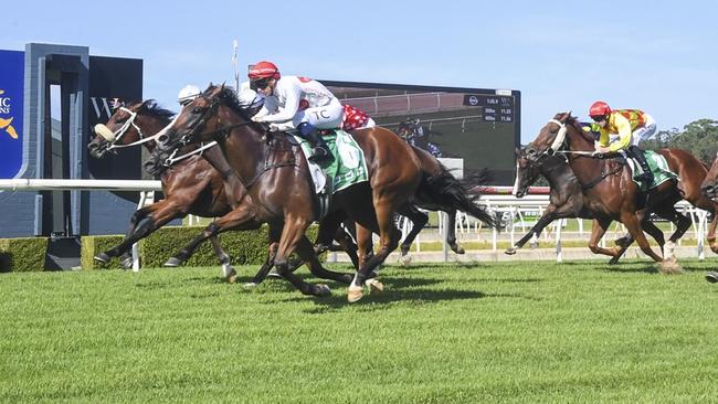 The Ciaron Maher-trained Queensland Oaks hope Amplify (outside) winning her maiden at Wyong in March. Picture: Bradley Photos