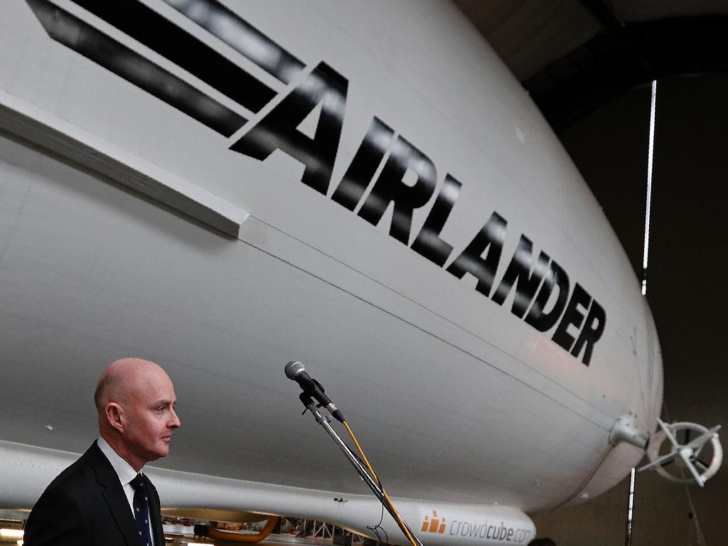 Hybrid Air Vehicles chief executive officer Stephen McGlennan speaks during the media launch for the Airlander 10 airship, near Bedford, UK in 2016. Picture: AFP/Adrian Dennis