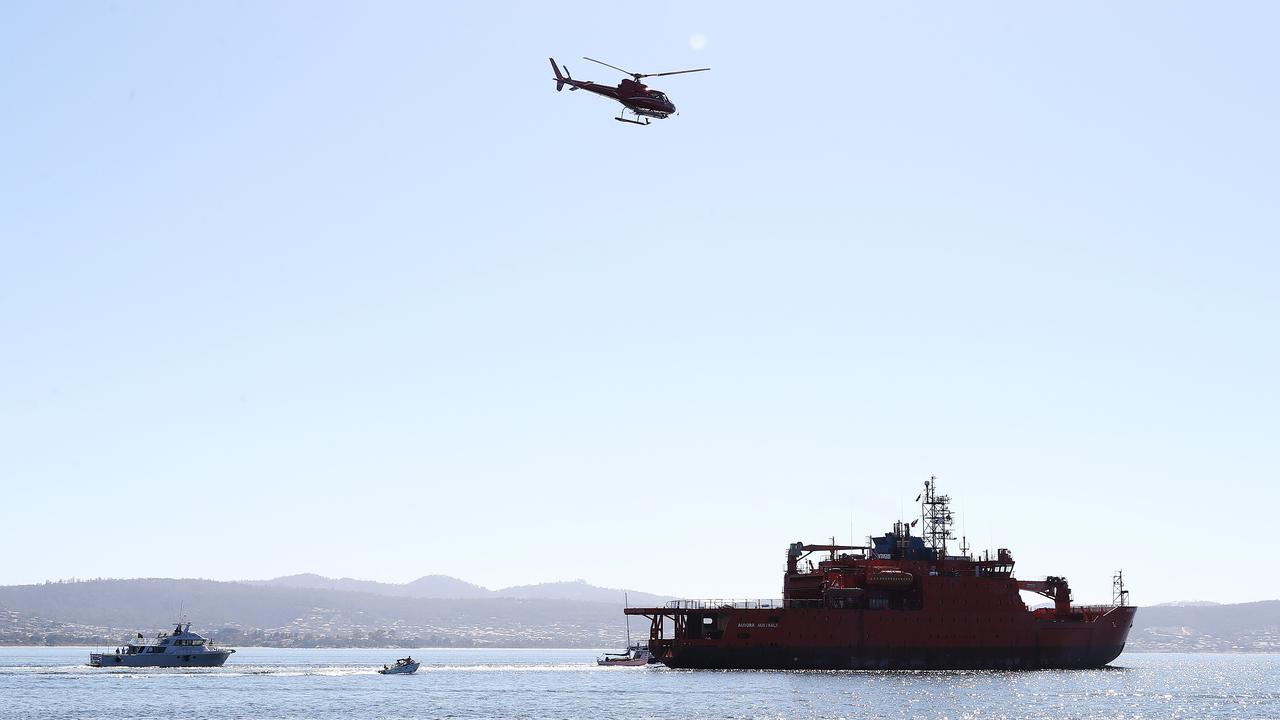 The Aurora Australis heads out of the Derwent River for the final time.  Final voyage out of Hobart for the Aurora Australis.  Picture: NIKKI DAVIS-JONES