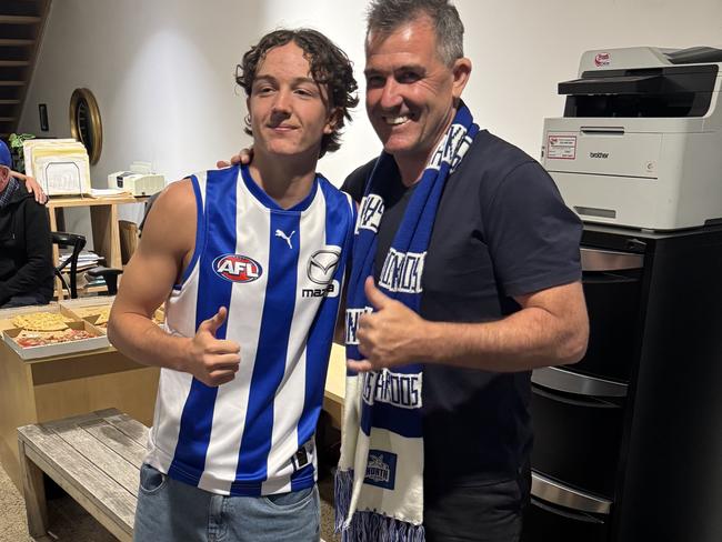 River Stevens after he was drafted with his dad, North Melbourne champion Anthony. Picture: Supplied