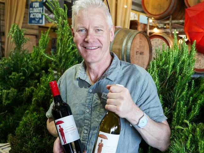 Winemaker Michael Unwin, and his dog Arlo, blend the vineyard with a Christmas tree farm. Picture: Rachel Simmonds