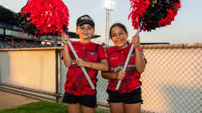 Scarlett Gilmore and Sophie Cole as thousands of fans gathered for the AFLW Dreamtime game between Richmond and Essendon in Darwin. Picture: Pema Tamang Pakhrin