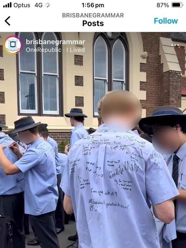 A screenshot from a video posted by Brisbane Grammar School featuring a racial slur.