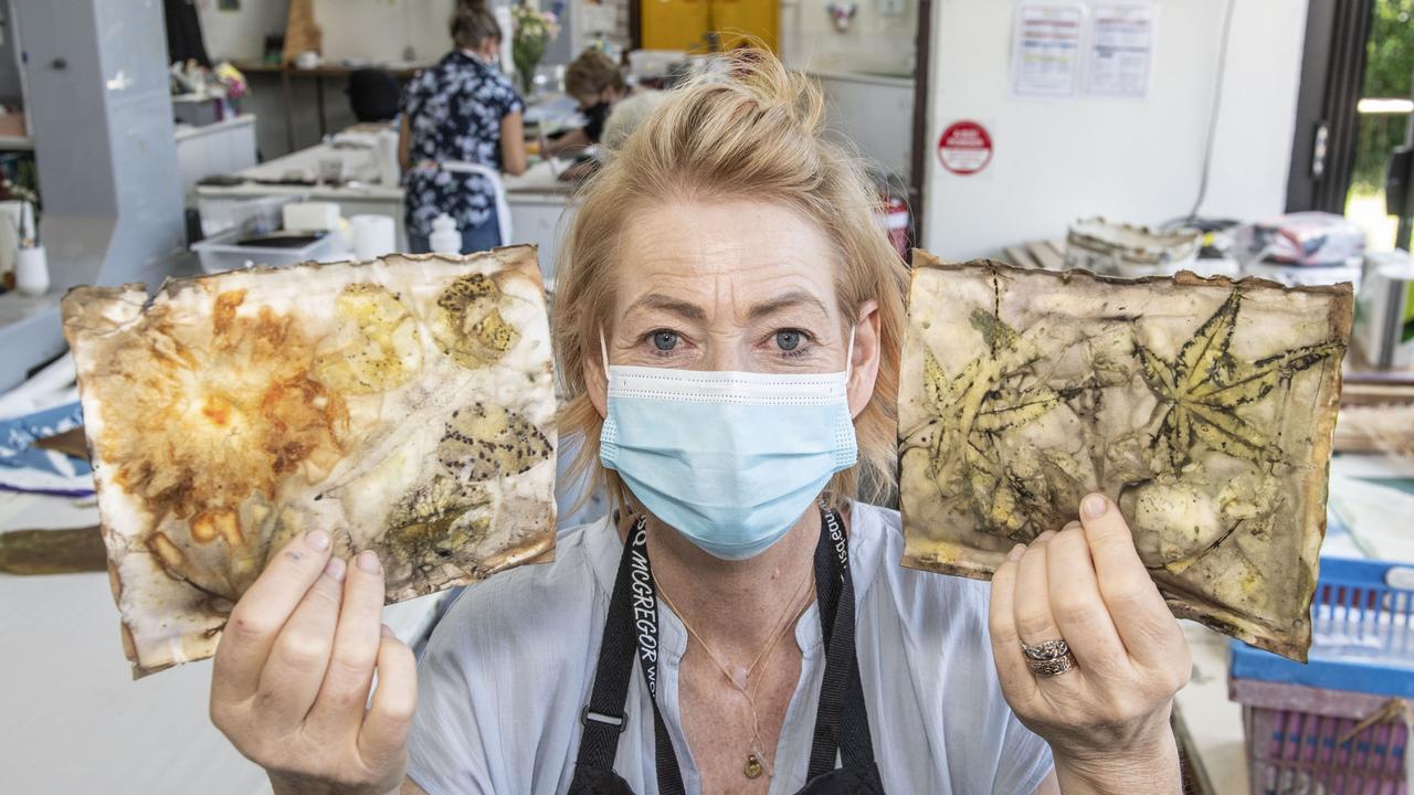 Karen Clamp with her work from the Immersive printmaking adventure-Cyanotypes and Eco-printing with Anita Mangakahia. McGregor Summer School at USQ. Friday, January 14, 2022. Picture: Nev Madsen.