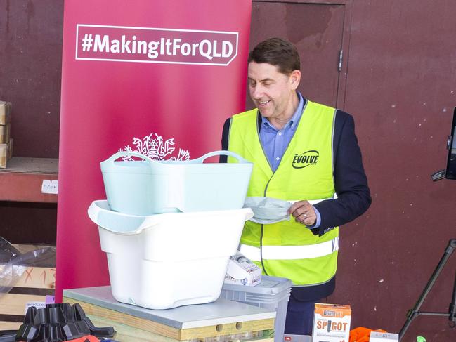 Premier Annastacia Palaszczuk and Minister Cameron Dick at Evolve Group factory in Crestmead with General Manager Joe Patuto, Sunday, April 4, 2020 - Picture Richard Walker