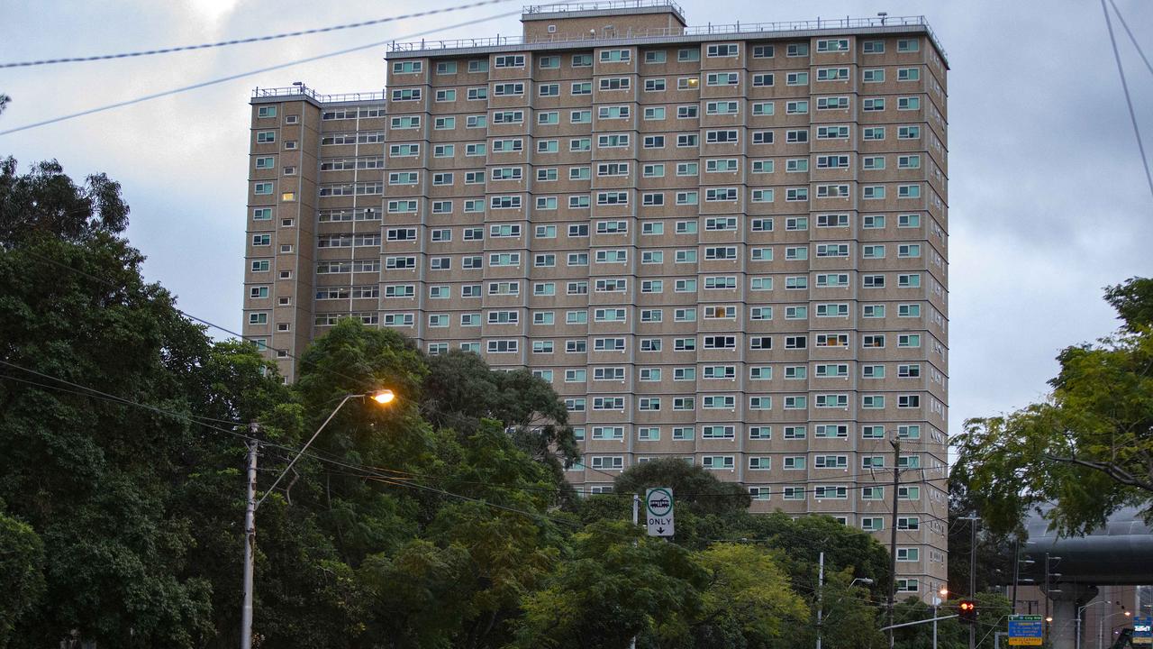 One of the locked down public housing blocks in Flemington, Melbourne. Picture: Sarah Matray.