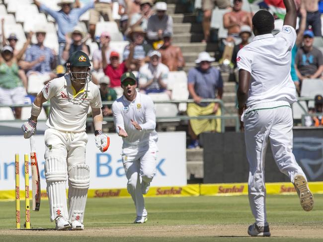 Kagiso Rabada celebrates bowling David Warner on Day 2 of the third Test.