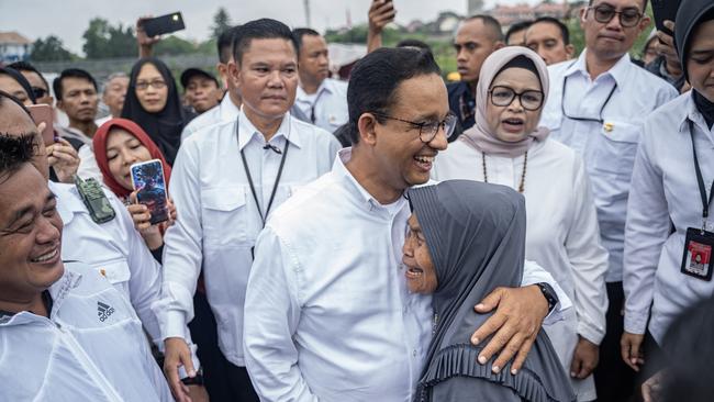 Indonesian presidential candidate and former Jakarta governor Anies Baswedan meets supporters in Jakarta. Picture: Getty Images.