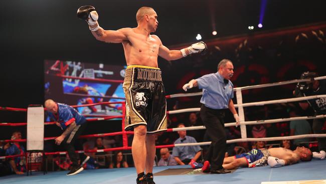 Mundine knocks out Tommy Browne in the second round. Picture: Brett Costello