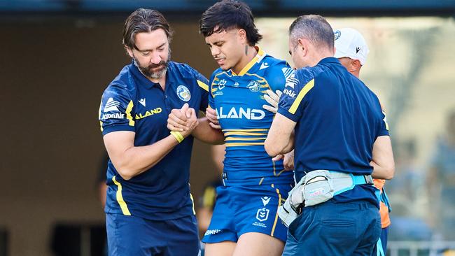 Haze Dunster’s season was over before halftime in the Eels’ first trial match. Picture: Brett Hemmings/Getty Images