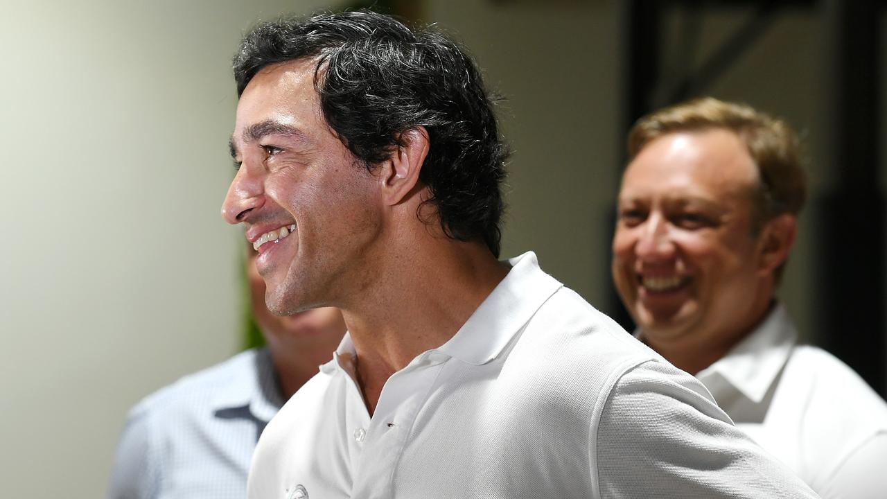 Johnathan Thurston talks at a press conference about funding for the JTYouGotThis program, and takes on questions to do with state politics and funding for North Queensland. Picture: Shae Beplate.