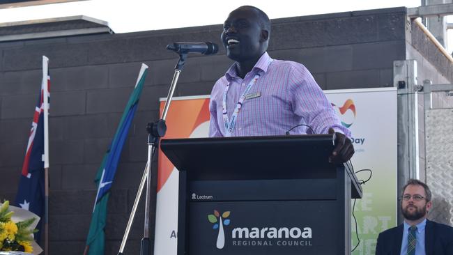 Australia Day Ambassador Elijah Buol OAM opening the Maranoa Awards Ceremony at Roma. Picture: Chloe Cufflin.