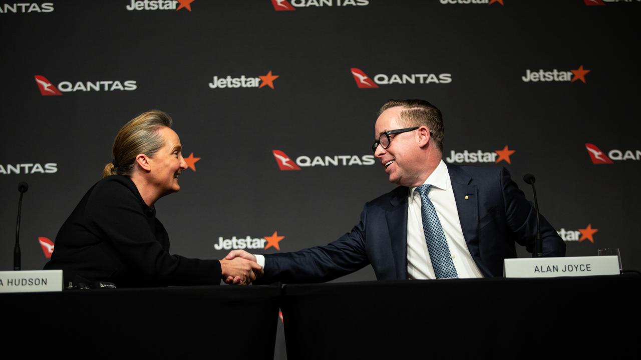 Ms Hudson and Mr Joyce announcing the Qantas Group’s full year results on Thursday. Picture: NCA NewsWire / Christian Gilles