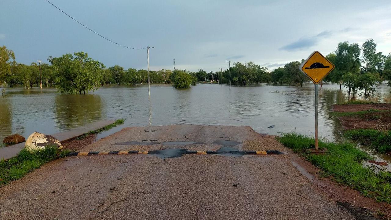 The Waterhouse River has broken its banks, flooding Beswick (Wugularr) in the aftermath to Cyclone Tiffany crossing the coast on Wednesday. Picture: Supplied