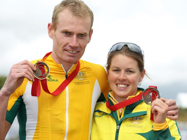 GLASGOW COMMONWEALTH GAMES 2014 DAY 6-  Australian Bronze Medalists Daniel McConnell and Rebecca Hendersond after the Mountain Biking at Cathkin Braes Mountain Bike Trails, Glasgow. Pics Adam Head