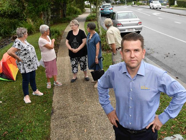 Jane tozer, Glenyss Muir, Lenore butler, Max boland and Judy boland are some of the frustrated residents on Woodlands Boulevard, Meridan Plains, over Transport of Main Roads to deliver a bus service in the aera. Pictured with MP Jarrod Bleijie. Photo: Patrick Woods.