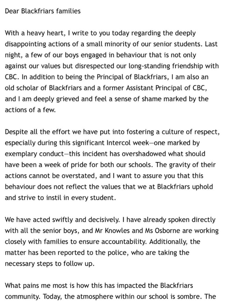 The letter sent home to families of Blackfriars students.