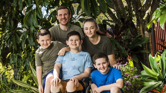 Michael and Kerri-Lee Hicks and their children Axel, 12, Eli, 11, and Conner, 7, have finally secured a rental property. Picture: Nigel Hallett