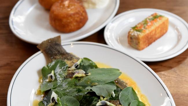 Smoked mackerel on brioche; house-made crumpets and a whole flounder on the bone. Pictures: Kylie Else