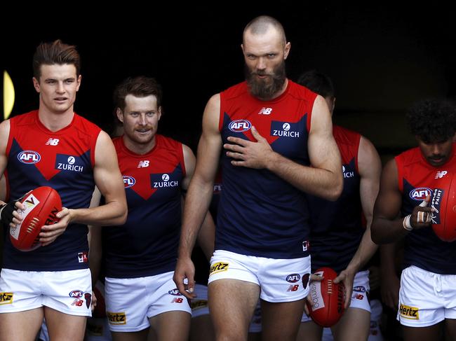 Max Gawn’s ladder-leading Demons face a torrid fixture to end the home and away season. Picture: Dylan Burns/AFL Photos via Getty Images