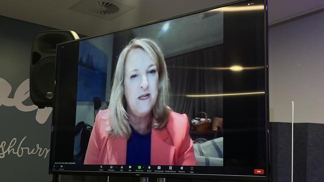 Kylea Tink appearing via video-link at an independent energy event in Sydney’s CBD earlier this year.