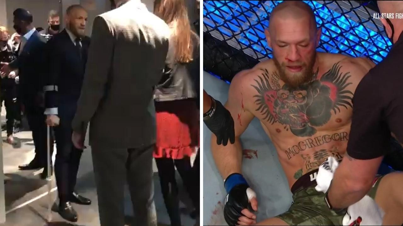 Conor McGregor on crutches. Photos: Twitter, @MoynihanCharles and Kayo.