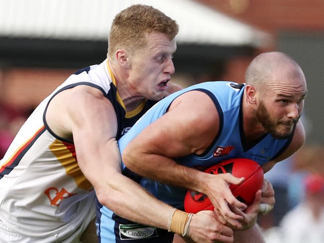 08/04/18 - SANFL - Sturt v Adelaide at Peter Motley Oval. Zane Kirkwood and Reilly O'Brien. Picture SARAH REED