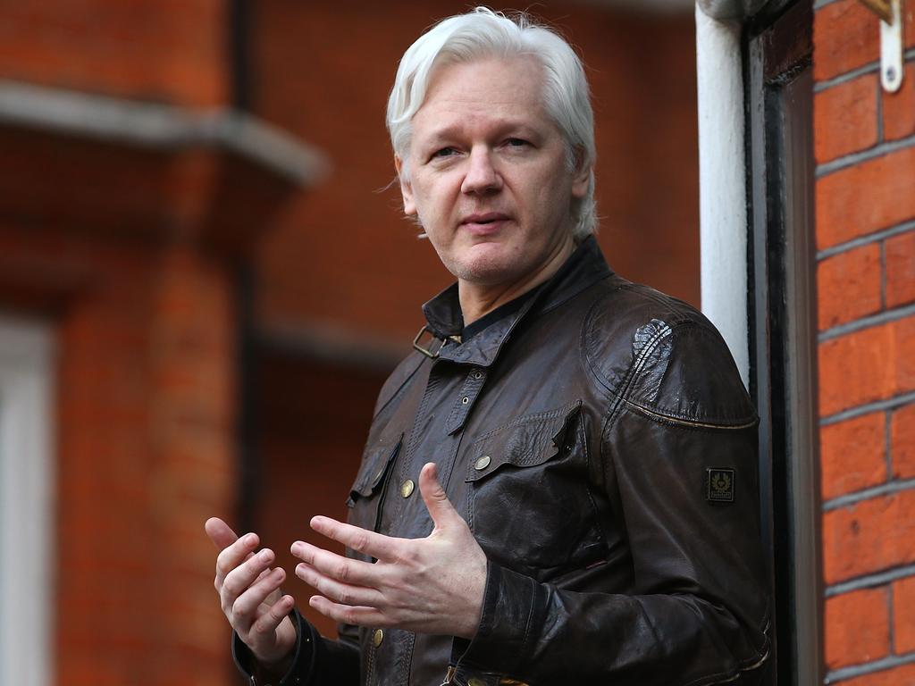 Julian Assange on the balcony of the Embassy Of Ecuador in London in 2017. Picture: Getty Images