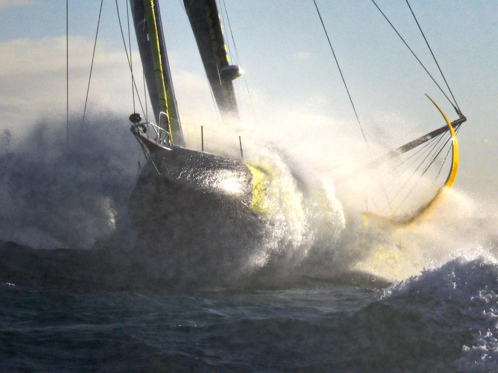 French skippers Louis Burton and Davy Beaudart sail at the start of the 16th Jacques Vabre pair sailing race, from Le Havre to the French overseas island of La Martinique. Picture: Lou Benoist/AFP