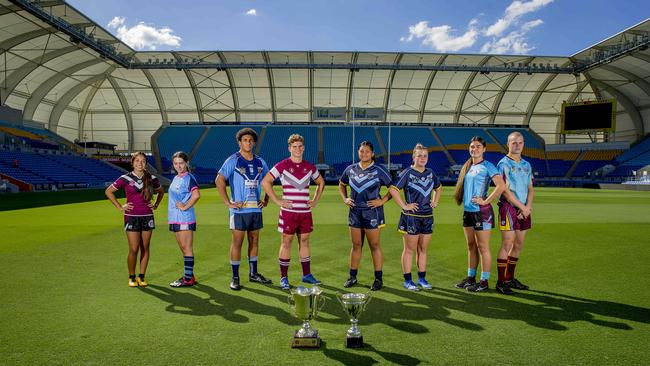 Titans Schools League. Leilani Taofinuu, 13 (Marsden), Lily Prendergast, 17 (Marymount College), Aston Bai, 17 (Marymount College), Jack Kelly, 17 (St Michael's College), Jaydah Tofae, 15 (Mabel Park SHS), Shaylee Joseph, 15 (Mabel Park SHS), Sunny Gerrard, 17 (Keebra Park SHS), Jack Hudson, 16 (Keebra Park SHS), at Cbus Super Stadium, Robina. Picture: Jerad Williams