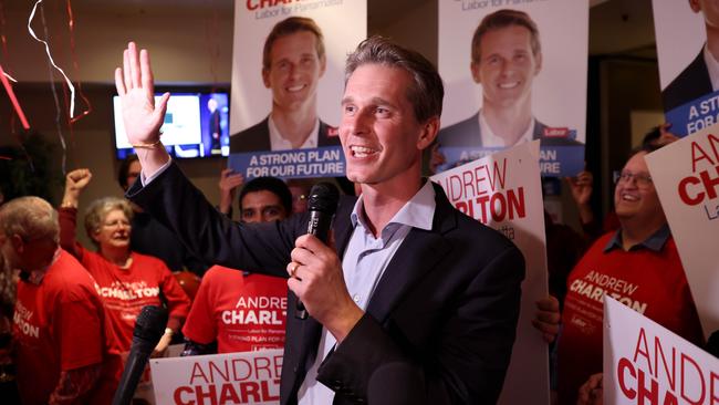 Andrew Charlton delivers his victory speech. Picture: Damian Shaw