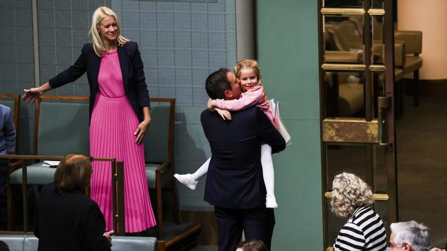 Federal treasurer Jim Chalmers is greeted by his family as he finishes his speech for the 2023 federal budget in the House of Representatives in Parliament House, Canberra. Picture: NCA NewsWire/ Dylan Robinson