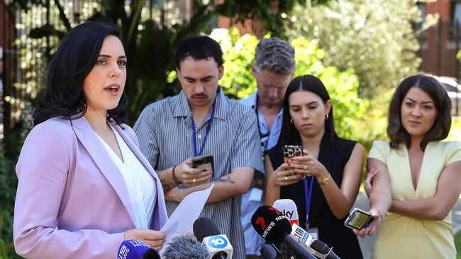 Liberal MP Moira Deeming holds a press conference in the gardens of Parliament House after her defamation win against John Pesutto. Picture: Ian Currie