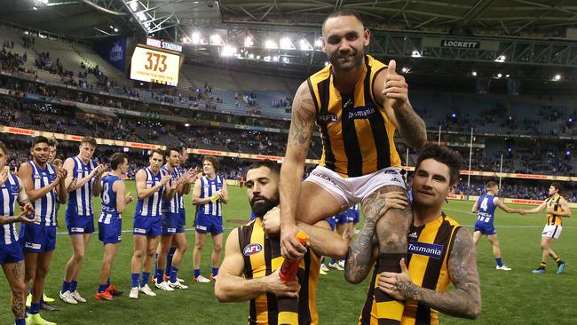 Shaun Burgoyne is chaired off Marvel Stadium through a guard of honour. Picture: Michael Klein