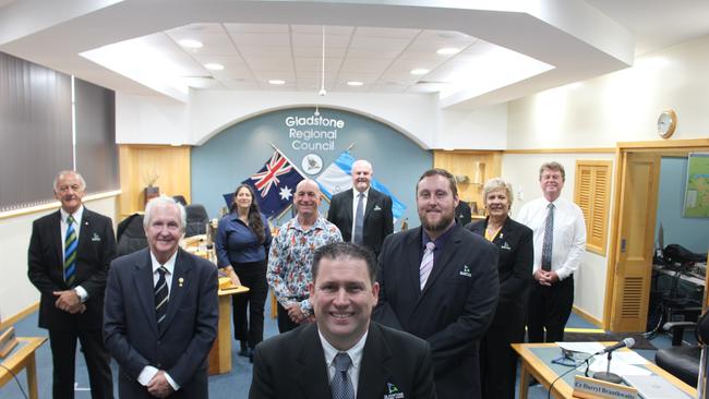 The new Gladstone Regional Council (left to right) Glenn Churchill, Chris Cameron, Natalia Muzkat, Chris Trevor, Mayor Matt Burnett, Rick Hansen, Deputy Mayor Kahn Goodluck, Desley O'Grady and Darryl Branthwaite at the declaration, April 14, 2020.