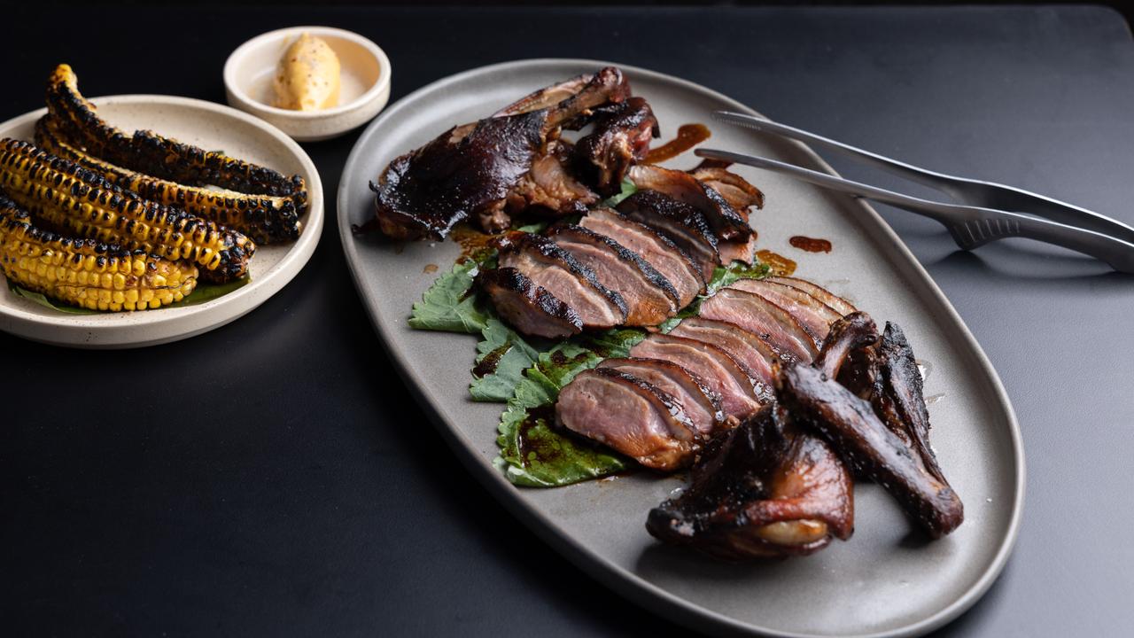 The whole smoked duck with charred corn at Flaming &amp; Co, Hamilton. Picture: David Kelly