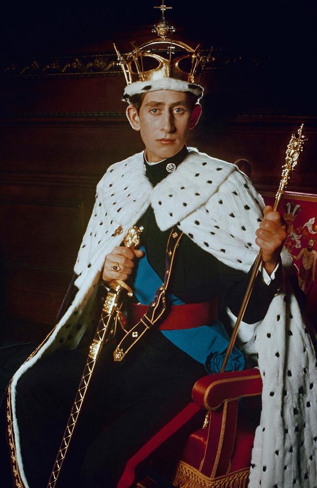 Prince Charles dressed in his investiture regalia in 1969. Picture: AP Photo