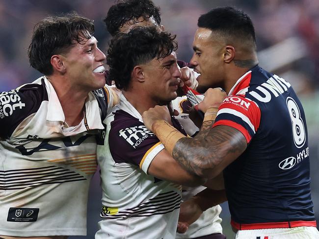 Kotoni Staggs and Spencer Leniu clash during the Roosters-Broncos match at Allegiant Stadium in Las Vegas. Picture: Getty Images