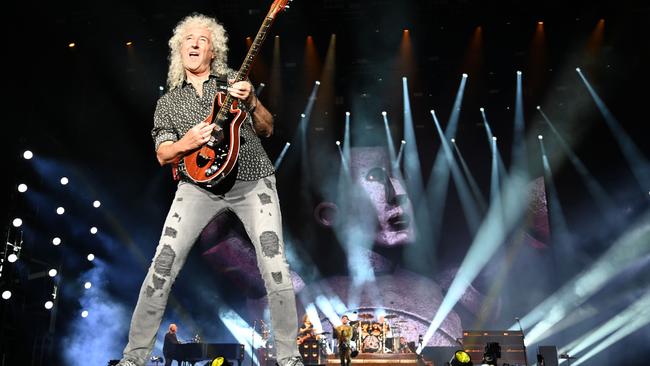 Brian May and Queen and Adam Lambert at the Fire Fight Australia. Picture: AFP