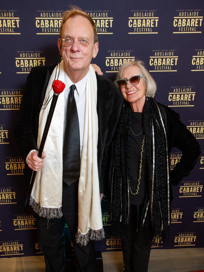 Adelaide arts and media identity Peter Goers and Samela Harrisat the opening night of 2023’s Adelaide Cabaret Festival. Picture: Kelly Carpenter