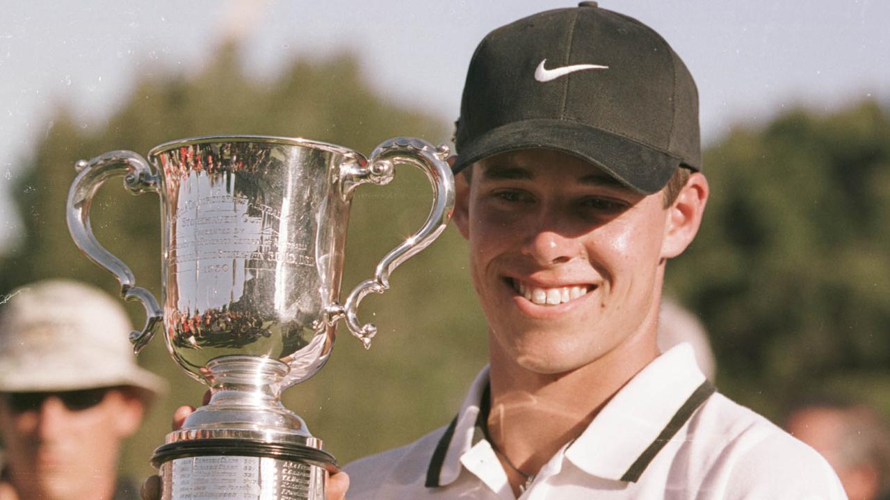 Aaron Baddeley holds the Stonehaven Cup after winning the Australian Open as an amateur in 1999.