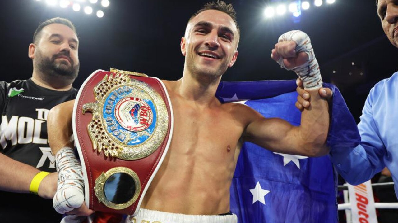 Jason Moloney celebrates after defeating Vincent Astrolabio. (Photo by Mikey Williams/Top Rank Inc via Getty Images)