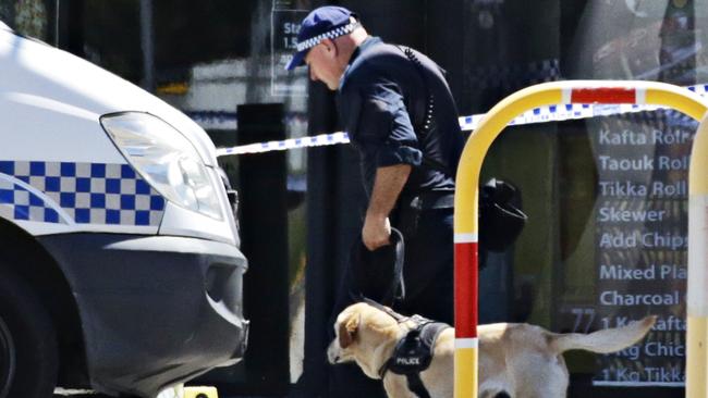 Police sniffer dogs on the scene of the shooting. Picture: Adam Yip