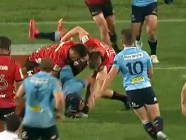 The Waratahs Michael Wells is spear tackled. Ref call: Nothing