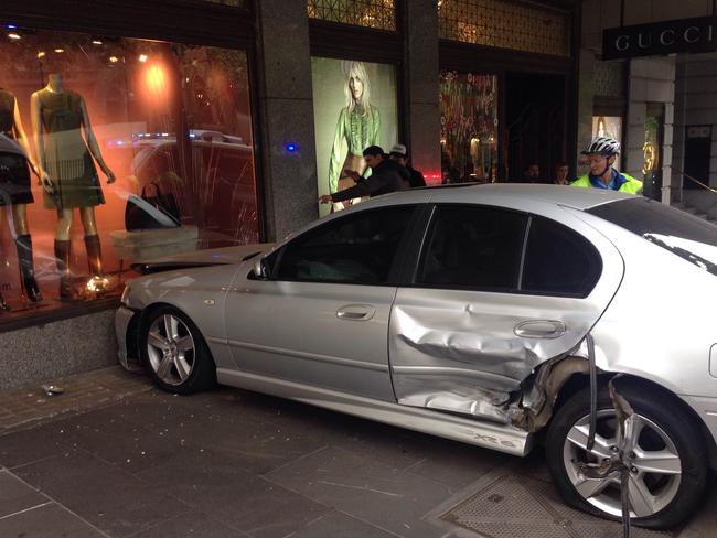 A car has crashed into the Gucci store in Melbourne CBD. Photo supplied by Cameron Waugh