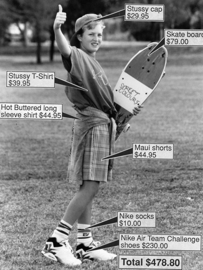 Craig Martin, 14, modelled kids’ skater fashion in 1992 including a Stussy cap and T-shirt, Maui shorts, Nike socks and Nike Air Team Challenge sneakers.