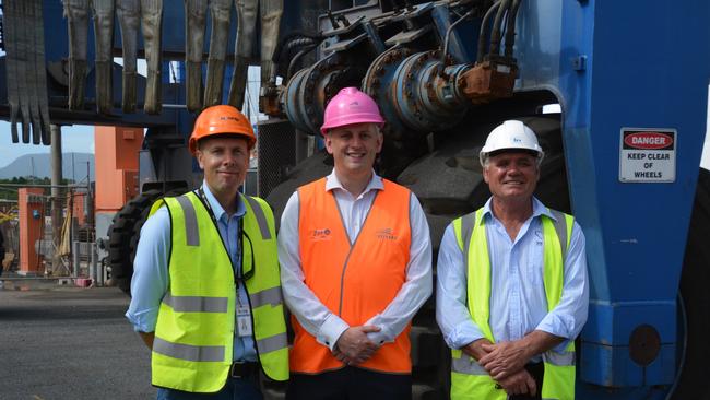 Norship chief executive Olav Groot, Mike Steen, head of in service support for Austal, and Tropical Reef Shipyard general manager Rob Downing. Picture: Bronwyn Farr.