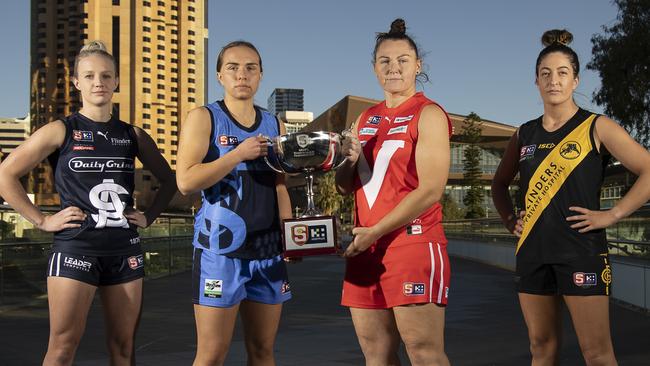 Sam Pratt (South Adelaide), Maya Rigter (Sturt), Kristi Harvey (North Adelaide) and Ellie Kellock (Glenelg) ahead of the SANFLW semi-finals. Picture: SANFL/David Mariuz