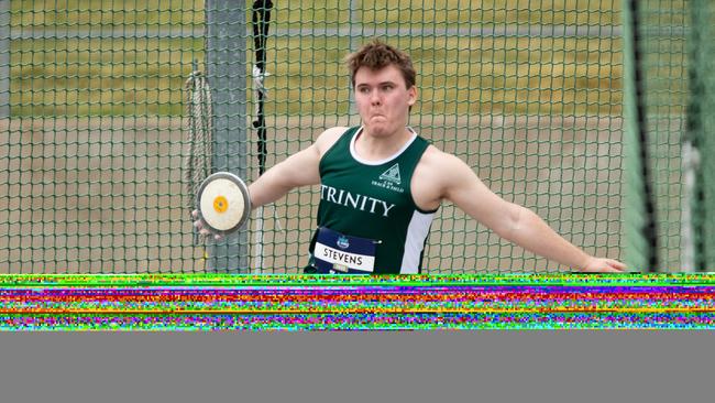 Ben Stevens from Trinity winning the boys discus 17 years final.