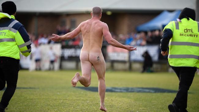 Lucas Garth has made a cheeky bid for help to pay his fine for streaking in the Mornington Peninsula Nepean football grand final. Picture: Andy Brownbill